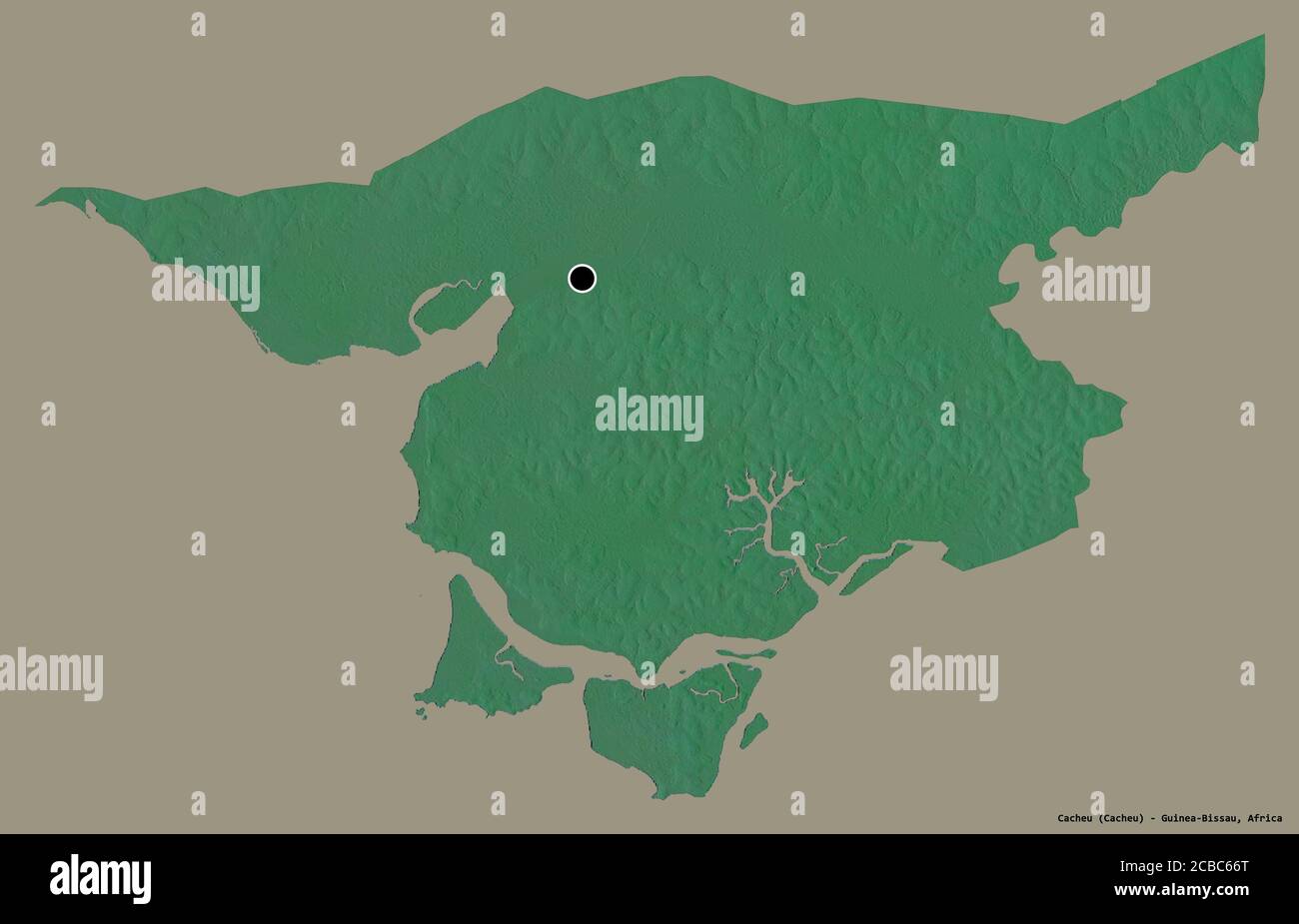 Shape of Cacheu, region of Guinea-Bissau, with its capital isolated on ...