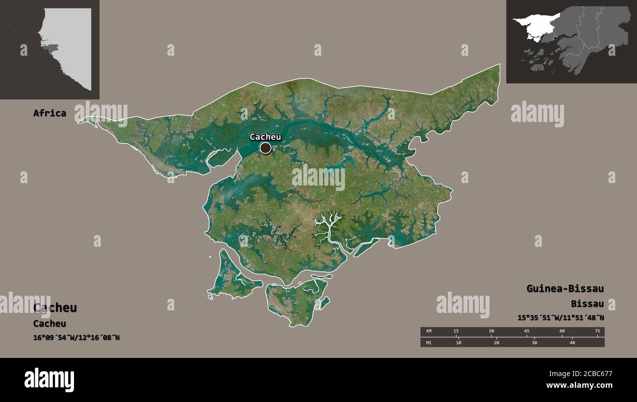 Shape of Cacheu, region of Guinea-Bissau, and its capital. Distance ...