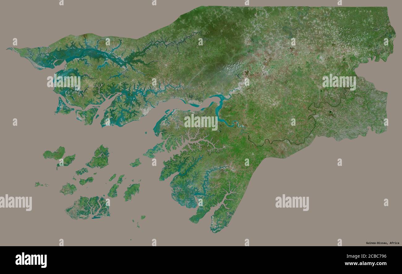 Shape of Guinea-Bissau with its capital isolated on a solid color background. Satellite imagery. 3D rendering Stock Photo