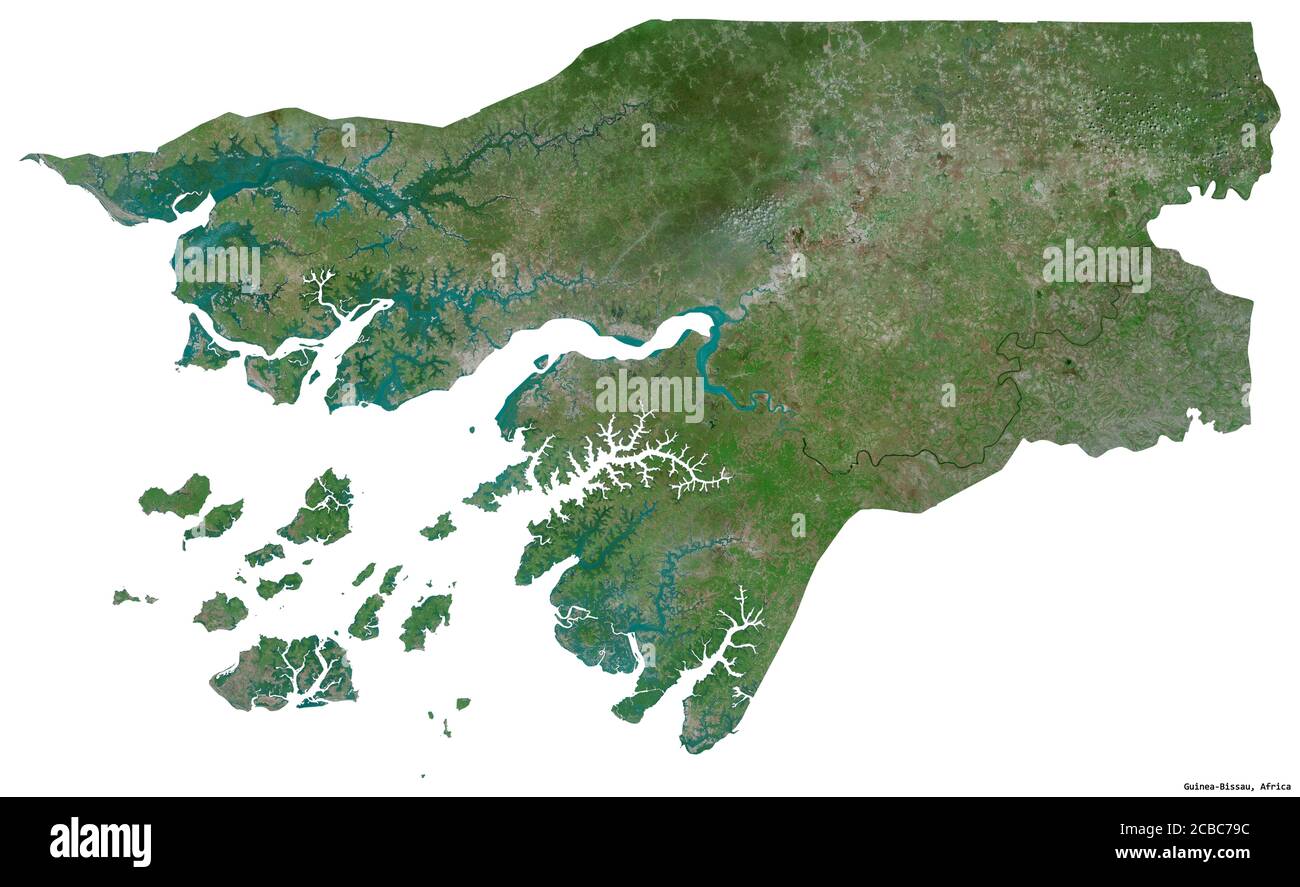 Shape of Guinea-Bissau with its capital isolated on white background. Satellite imagery. 3D rendering Stock Photo