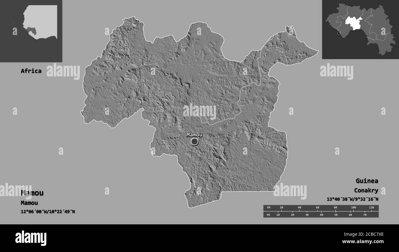 Shape of Mamou, region of Guinea, and its capital. Distance scale