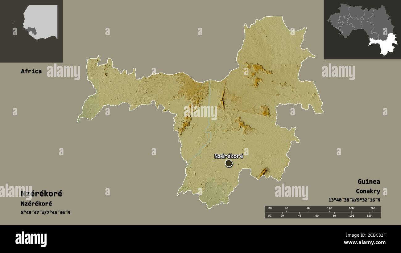 Shape of Nzérékoré, region of Guinea, and its capital. Distance scale