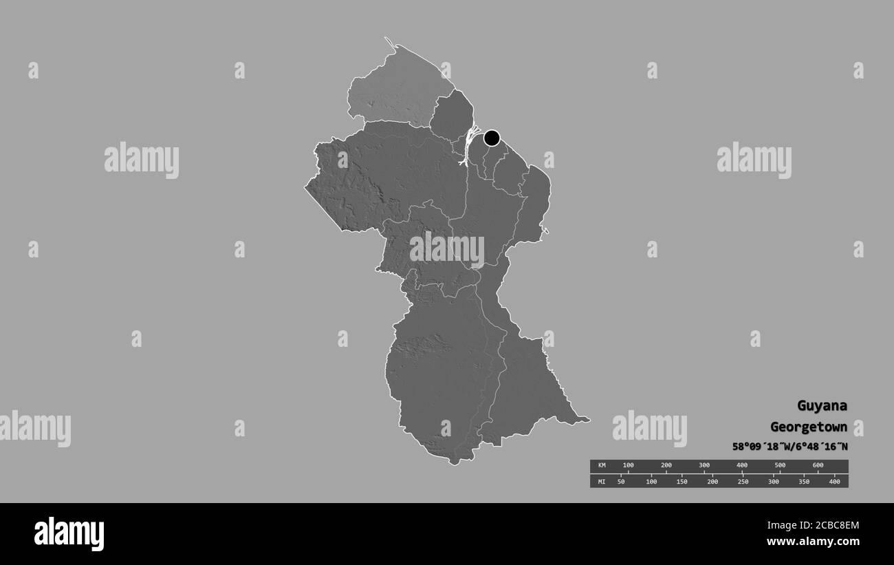Desaturated shape of Guyana with its capital, main regional division and the separated Barima-Waini area. Labels. Bilevel elevation map. 3D rendering Stock Photo
