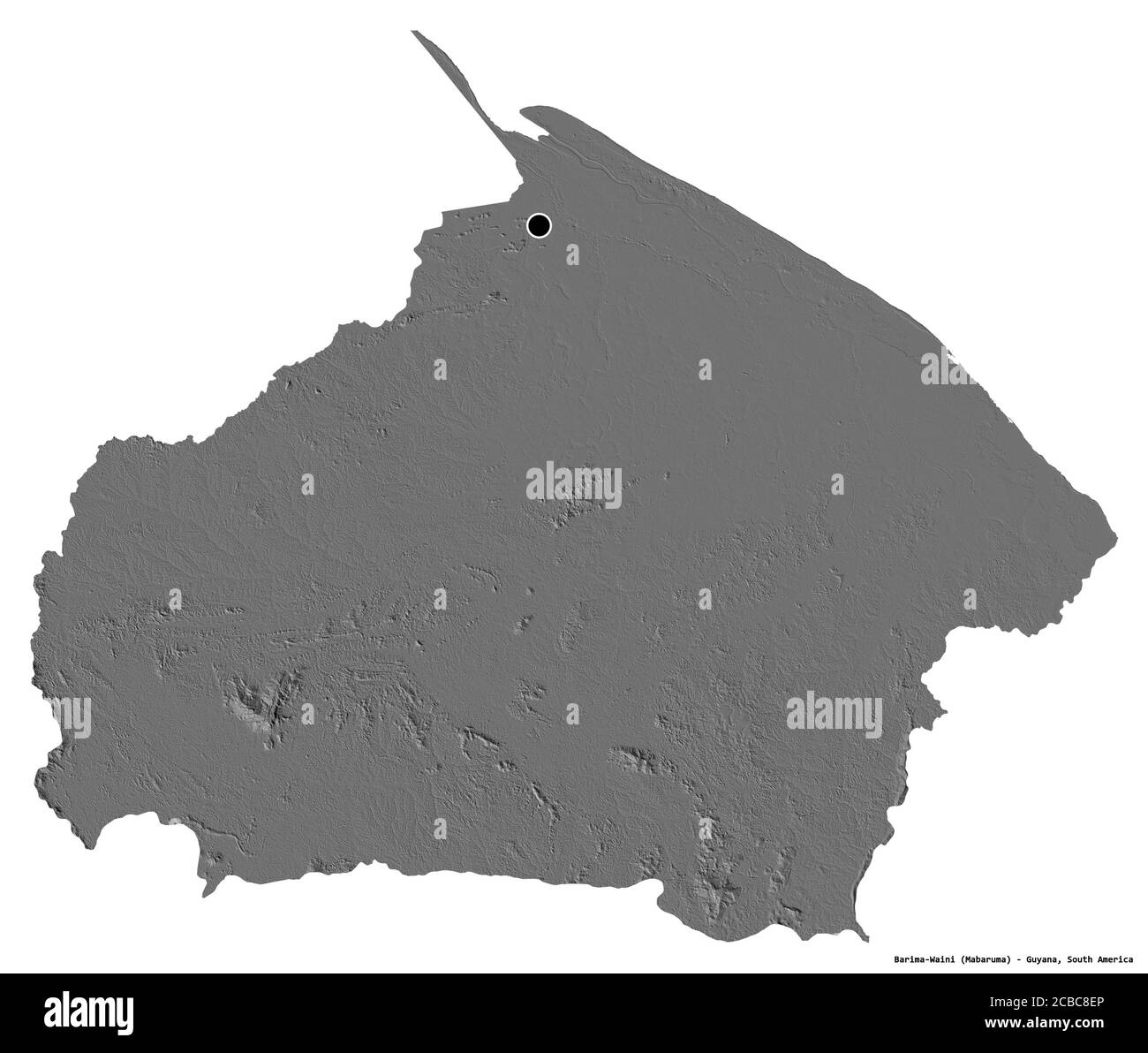 Shape of Barima-Waini, region of Guyana, with its capital isolated on white background. Bilevel elevation map. 3D rendering Stock Photo