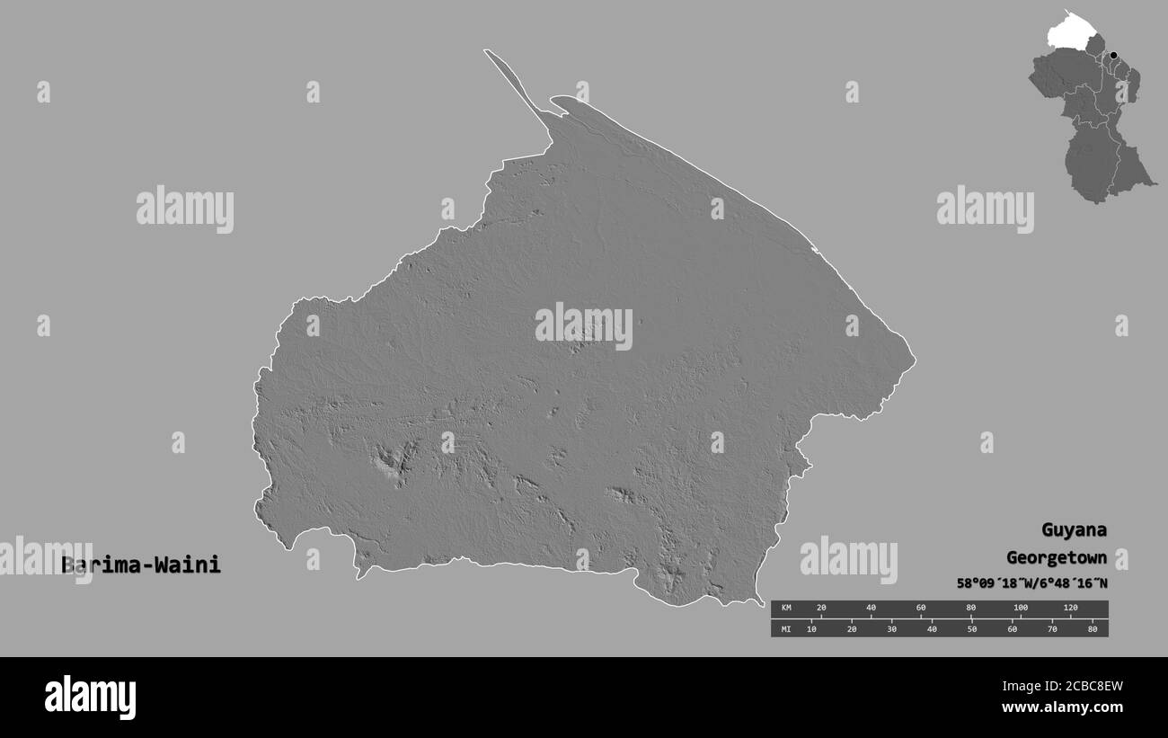 Shape of Barima-Waini, region of Guyana, with its capital isolated on solid background. Distance scale, region preview and labels. Bilevel elevation m Stock Photo