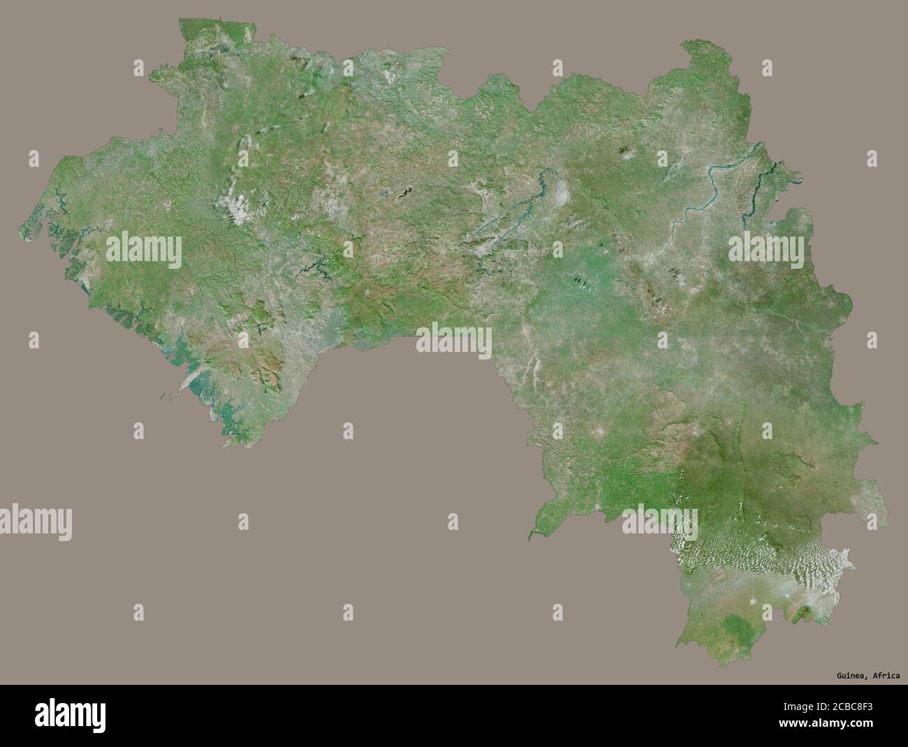 Shape of Guinea with its capital isolated on a solid color background ...