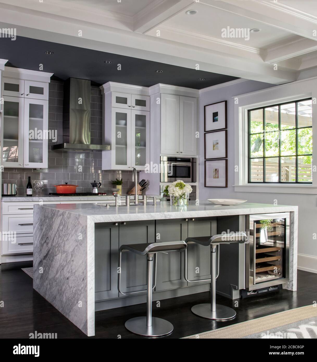 Contemporary Kitchen with coffered Ceiling Stock Photo