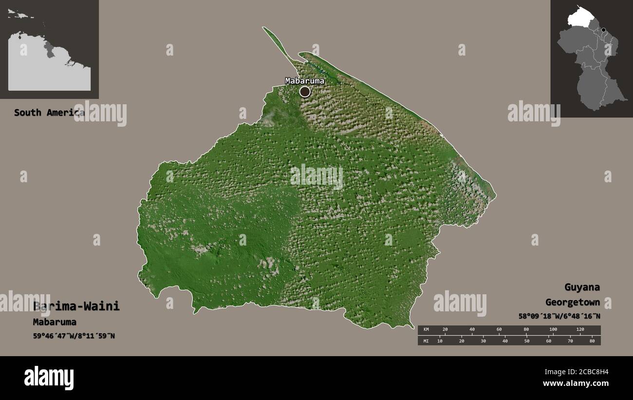 Shape of Barima-Waini, region of Guyana, and its capital. Distance scale, previews and labels. Satellite imagery. 3D rendering Stock Photo