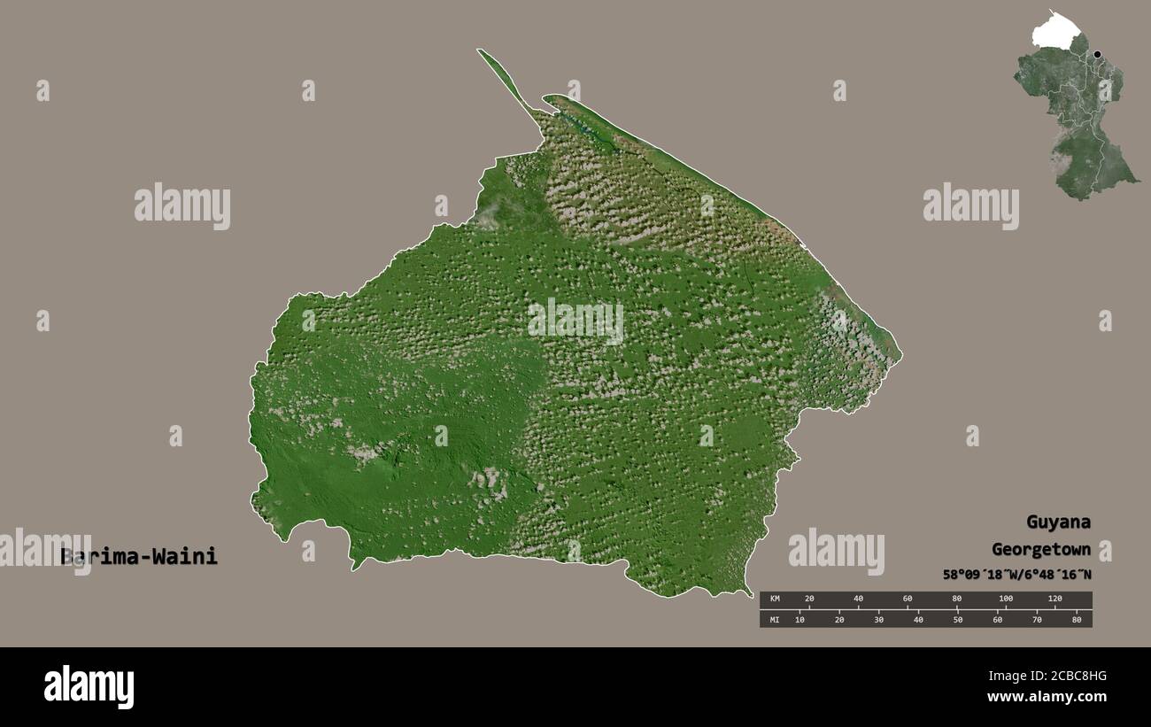 Shape of Barima-Waini, region of Guyana, with its capital isolated on solid background. Distance scale, region preview and labels. Satellite imagery. Stock Photo