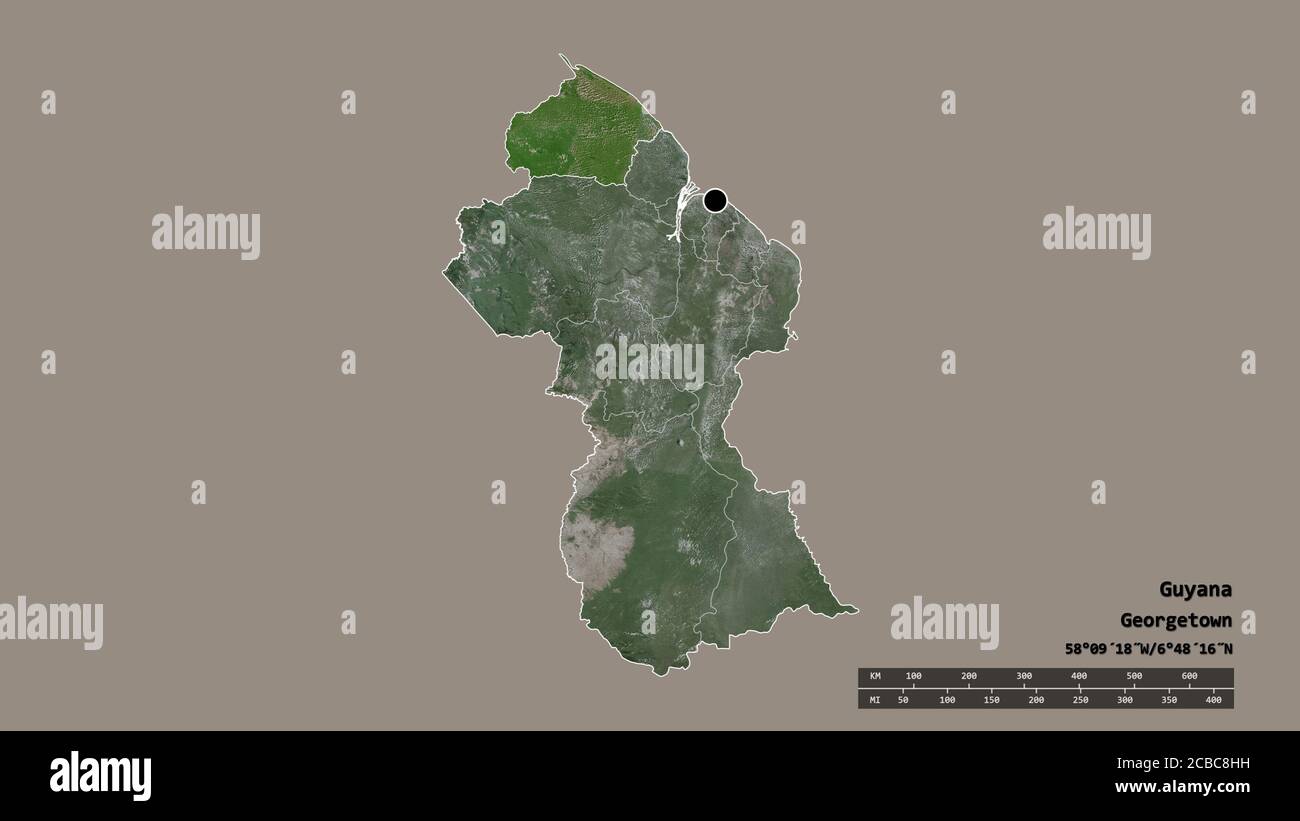 Desaturated shape of Guyana with its capital, main regional division and the separated Barima-Waini area. Labels. Satellite imagery. 3D rendering Stock Photo