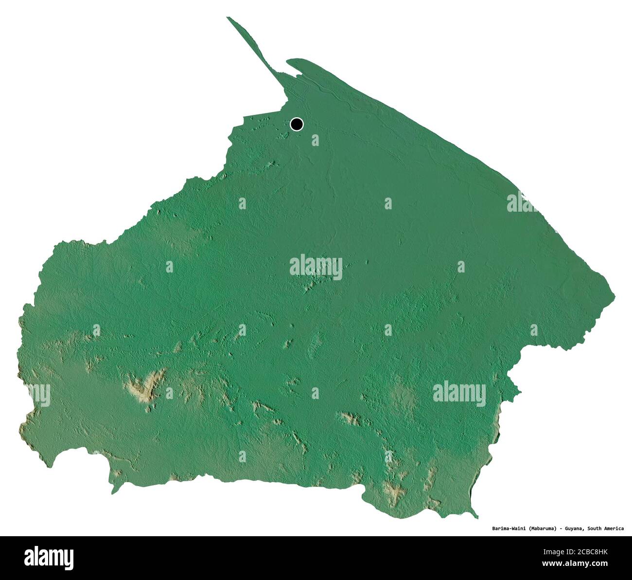 Shape of Barima-Waini, region of Guyana, with its capital isolated on white background. Topographic relief map. 3D rendering Stock Photo