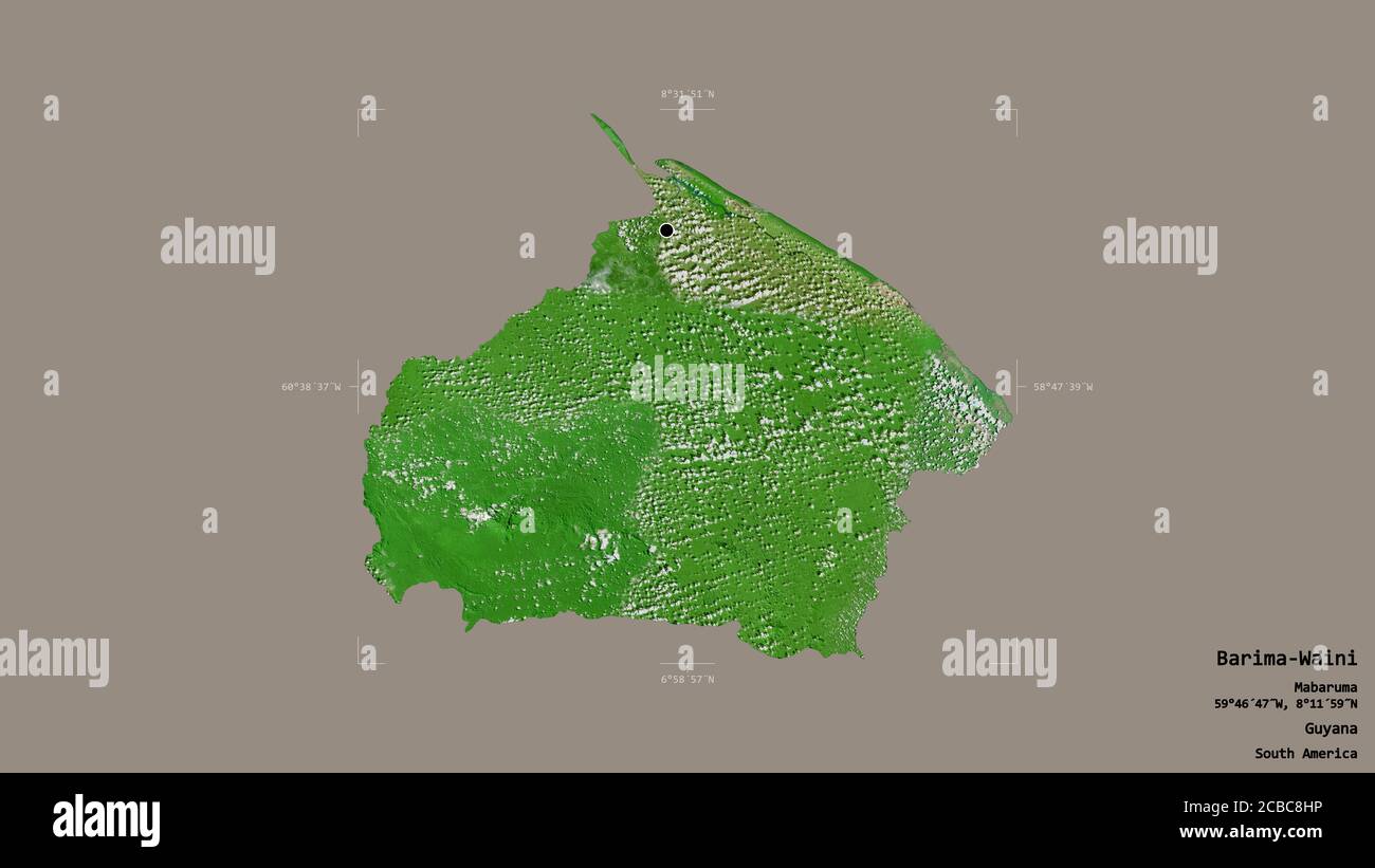 Area of Barima-Waini, region of Guyana, isolated on a solid background in a georeferenced bounding box. Labels. Satellite imagery. 3D rendering Stock Photo