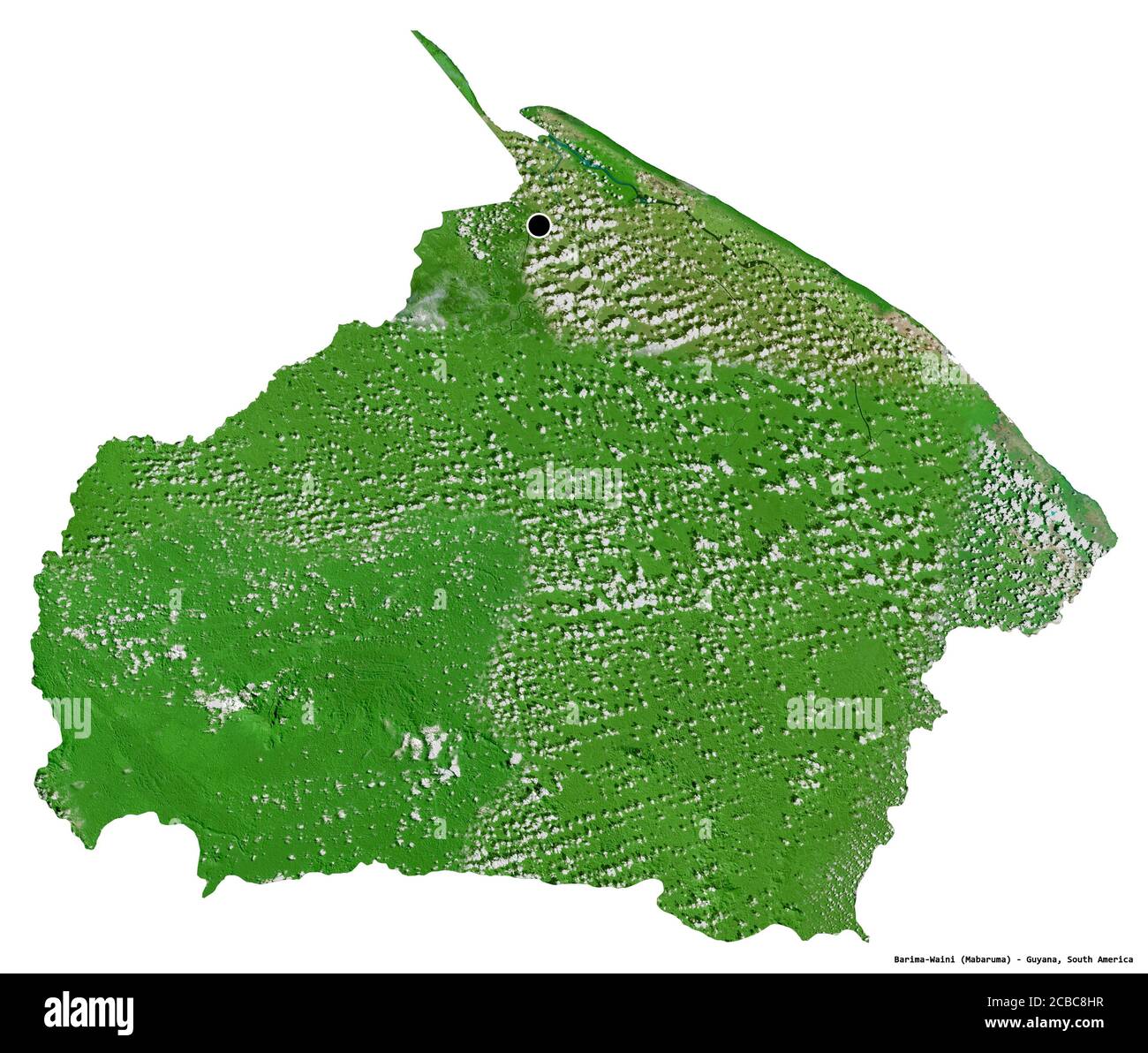 Shape of Barima-Waini, region of Guyana, with its capital isolated on white background. Satellite imagery. 3D rendering Stock Photo