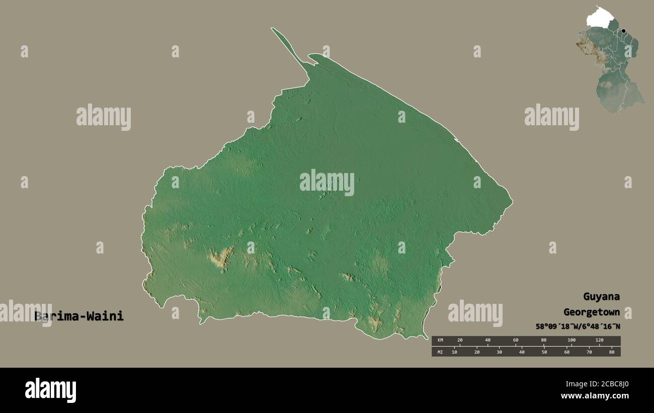 Shape of Barima-Waini, region of Guyana, with its capital isolated on solid background. Distance scale, region preview and labels. Topographic relief Stock Photo