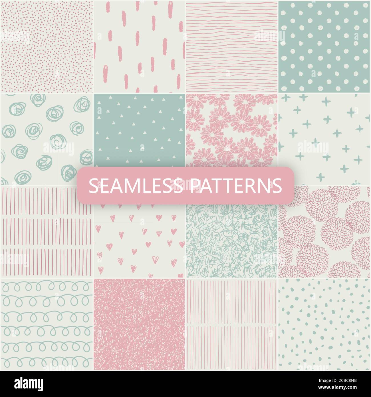 Set of vector seamless spring patterns with flowers, doodle pattern, dots, hearts, lines. Stock Vector