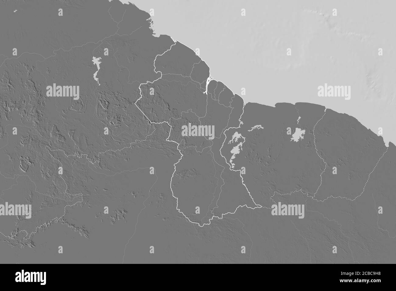 Extended area of Guyana with country outline, international and