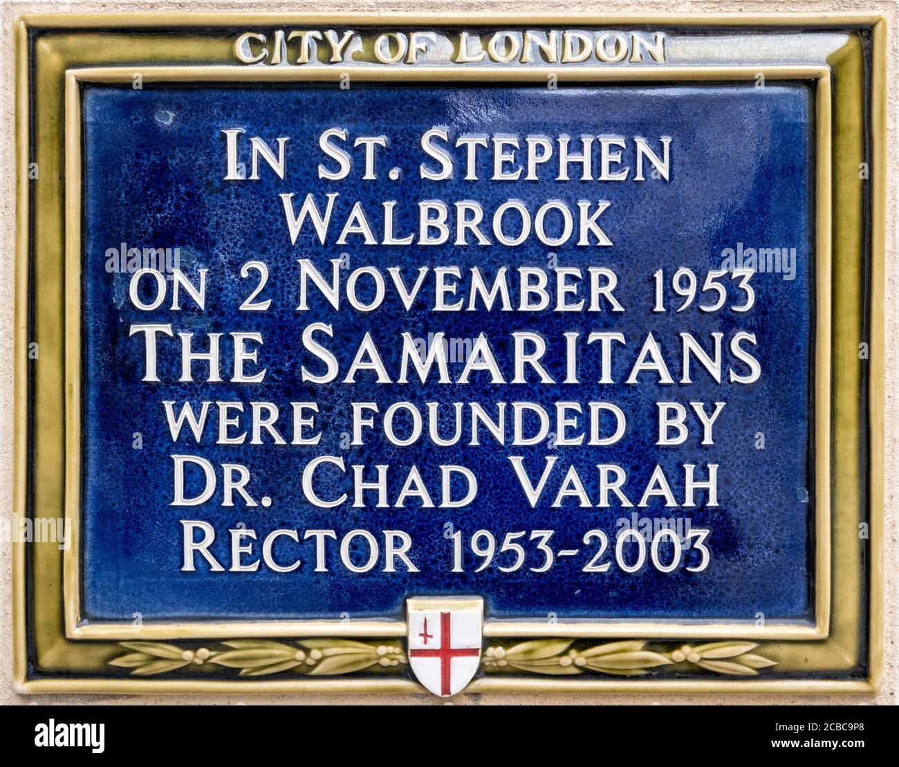 Plaque to commemorate the founding of The Samaritans by Dr Chad Varah in 1953, a UK charity which provides emotional support to people in distress Stock Photo