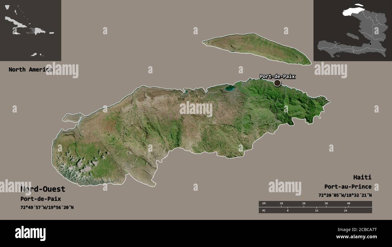 Shape of Nord-Ouest, department of Haiti, and its capital. Distance scale,  previews and labels. Satellite imagery. 3D rendering Stock Photo - Alamy