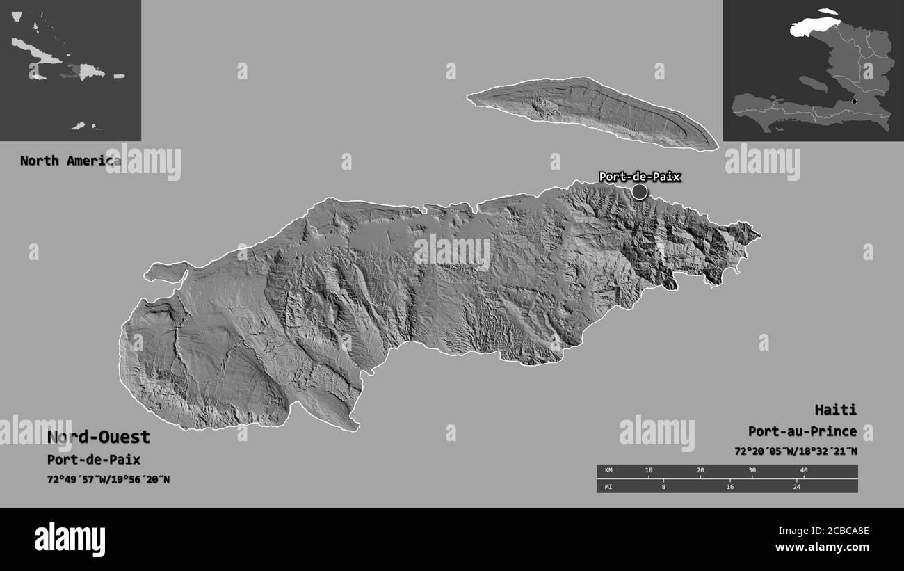 Shape of Nord-Ouest, department of Haiti, and its capital. Distance ...