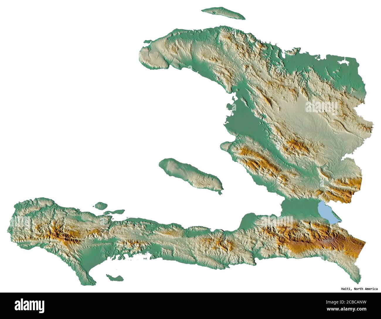 Shape of Haiti with its capital isolated on white background. Topographic relief map. 3D 