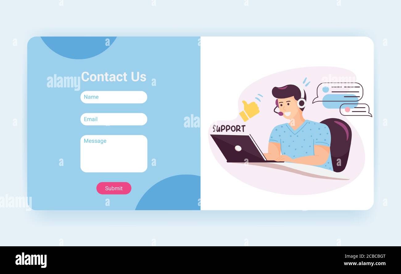 Tech support landing page template with contact us form. Customer service operator with headset talking to client, website mockup. Cartoon vector Stock Vector