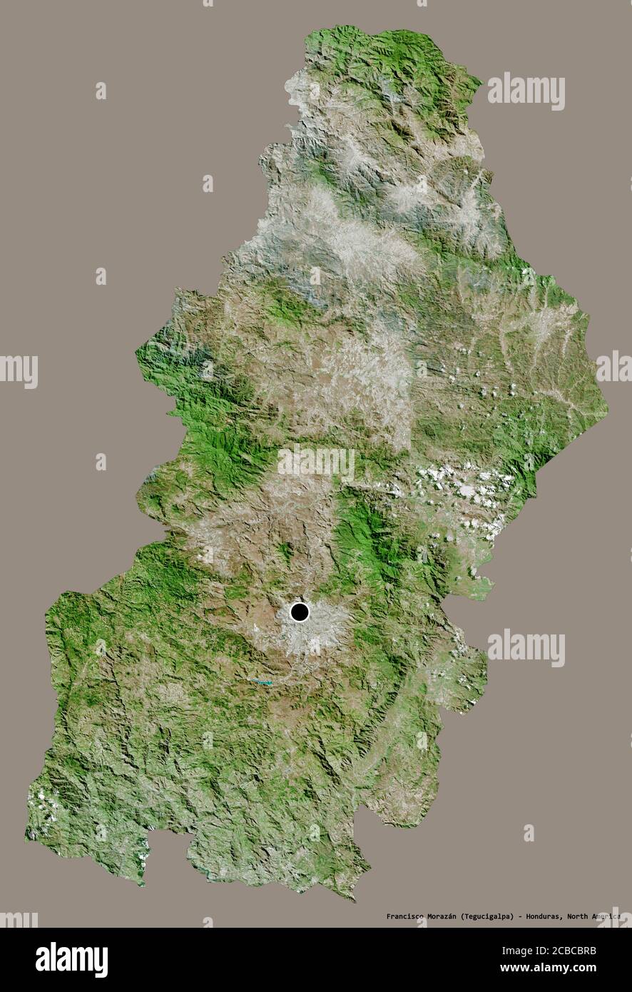 Shape of Francisco Morazán, department of Honduras, with its capital isolated on a solid color background. Satellite imagery. 3D rendering Stock Photo
