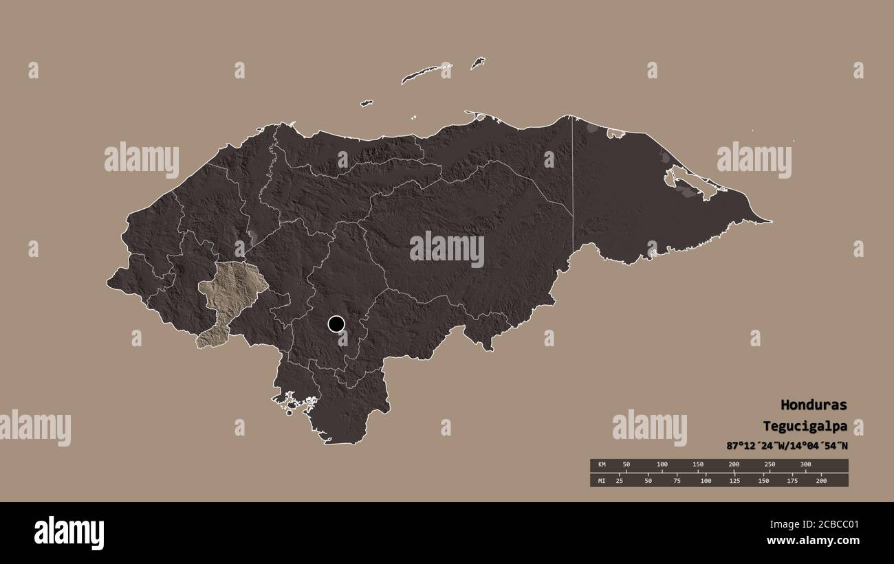 Desaturated shape of Honduras with its capital, main regional division ...