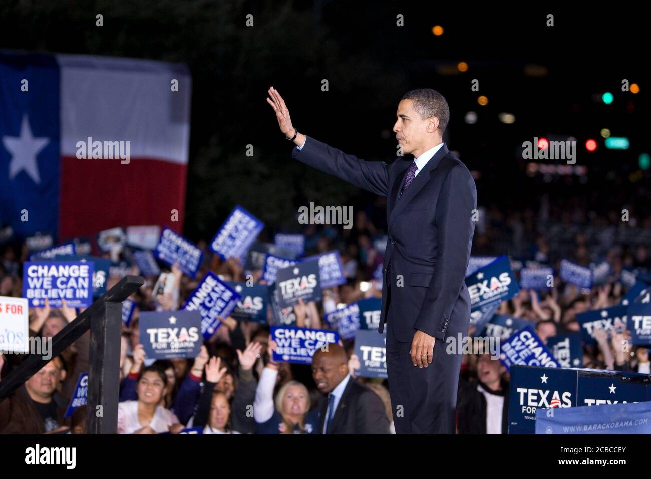 Austin, Texas USA, February 22, 2008: Democratic presidential hopeful Barack Obama speaks to a crowd of about 15,000 during a night-time rally in front of the Texas Capitol in downtown. ©Bob Daemmrich Stock Photo