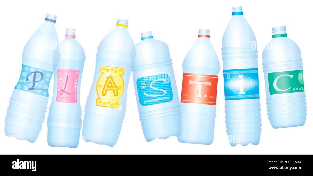 Plastic bottles which make the word PLASTIC. Empty water bottles, symbol for excessive consumption and waste of plastics. Stock Photo
