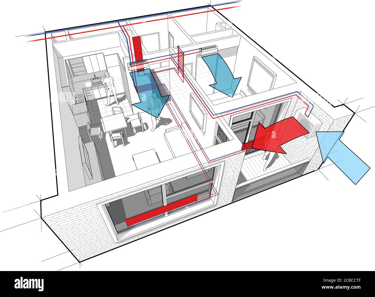 Perspective cutaway diagram of a one bedroom apartment completely ... - Apartment Design With Exposed Heating And Cooling