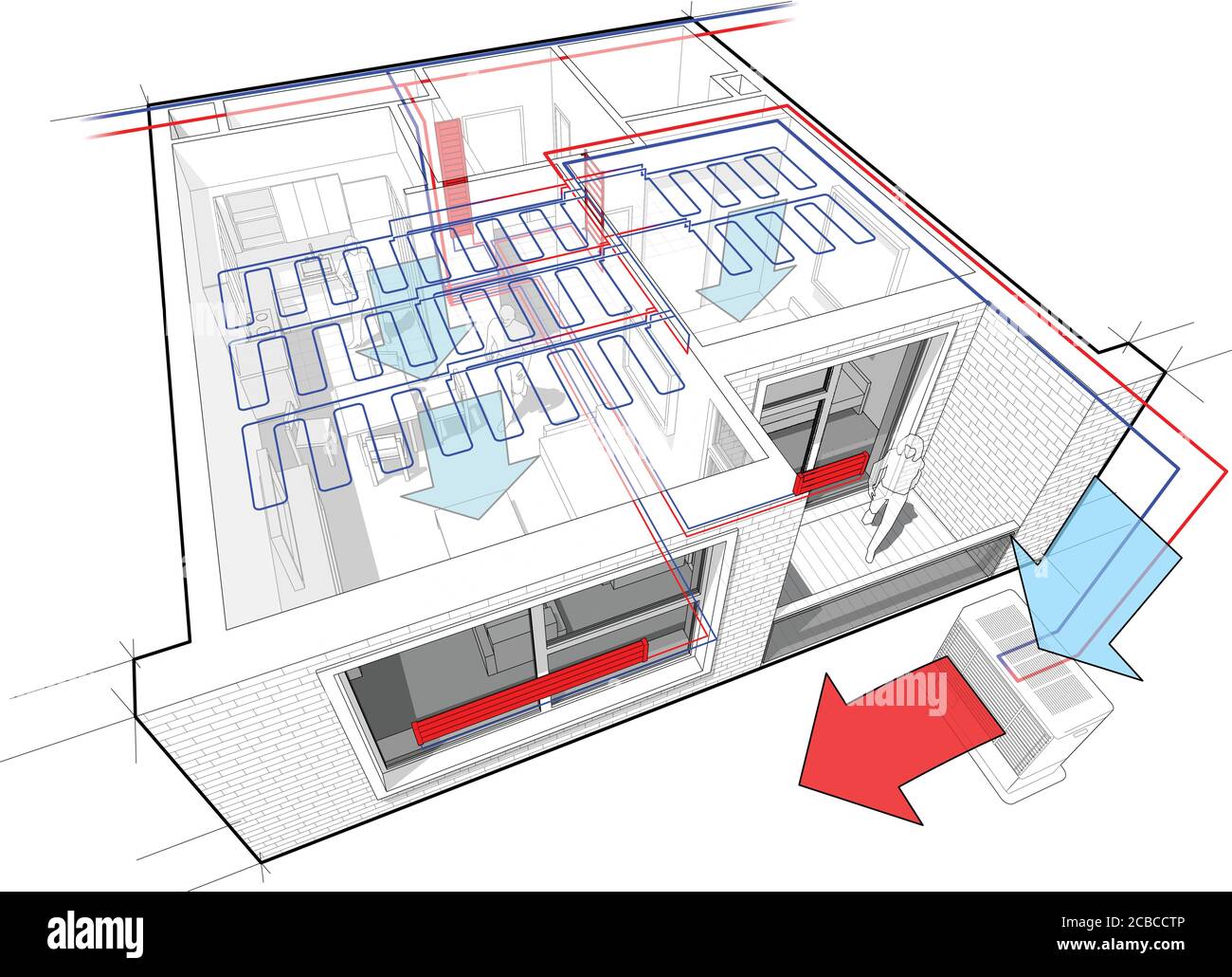 Perspective cutaway diagram of a one bedroom apartment with hot water