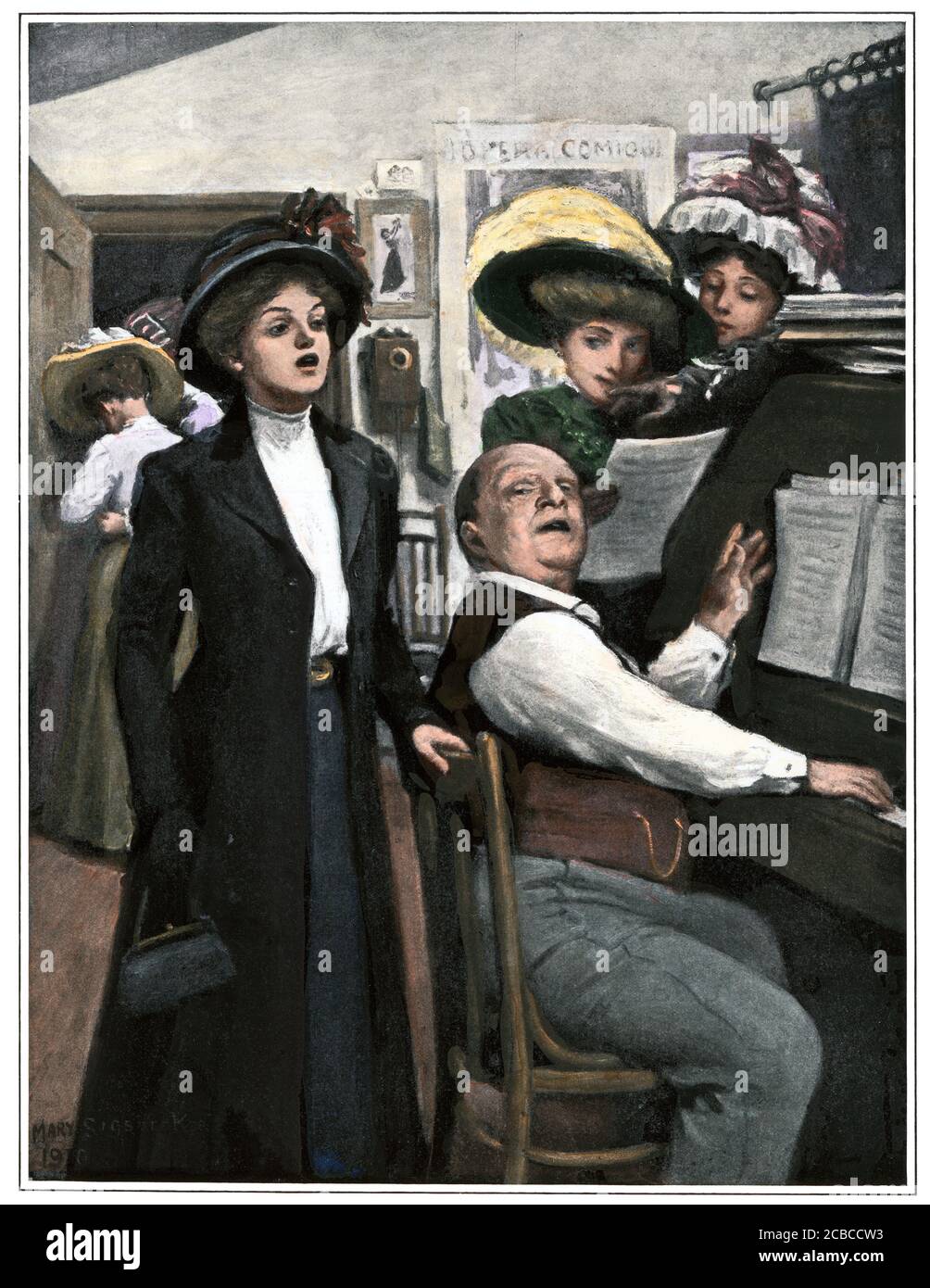 Aspiring young singer auditioning, early 1900s. Hand-colored halftone of an illustration Stock Photo