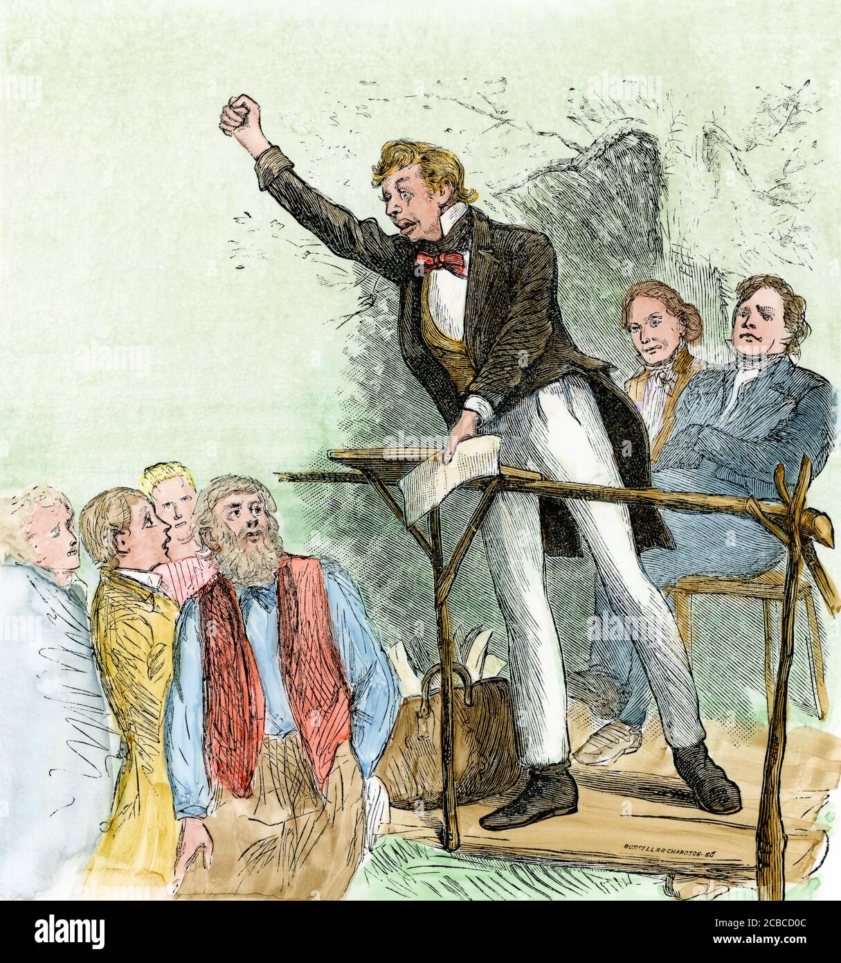 American 'stump' speaker campaigning for office, 1800s. Hand-colored woodcut Stock Photo