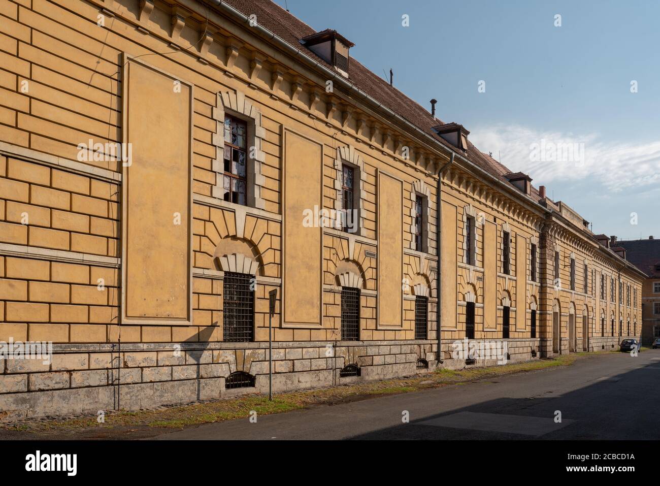 Side wall of 'Podmokelska kasarna' barracks in Terezin (Theresienstadt), used as an initial inmate processing facility during the existence of ghetto. Stock Photo