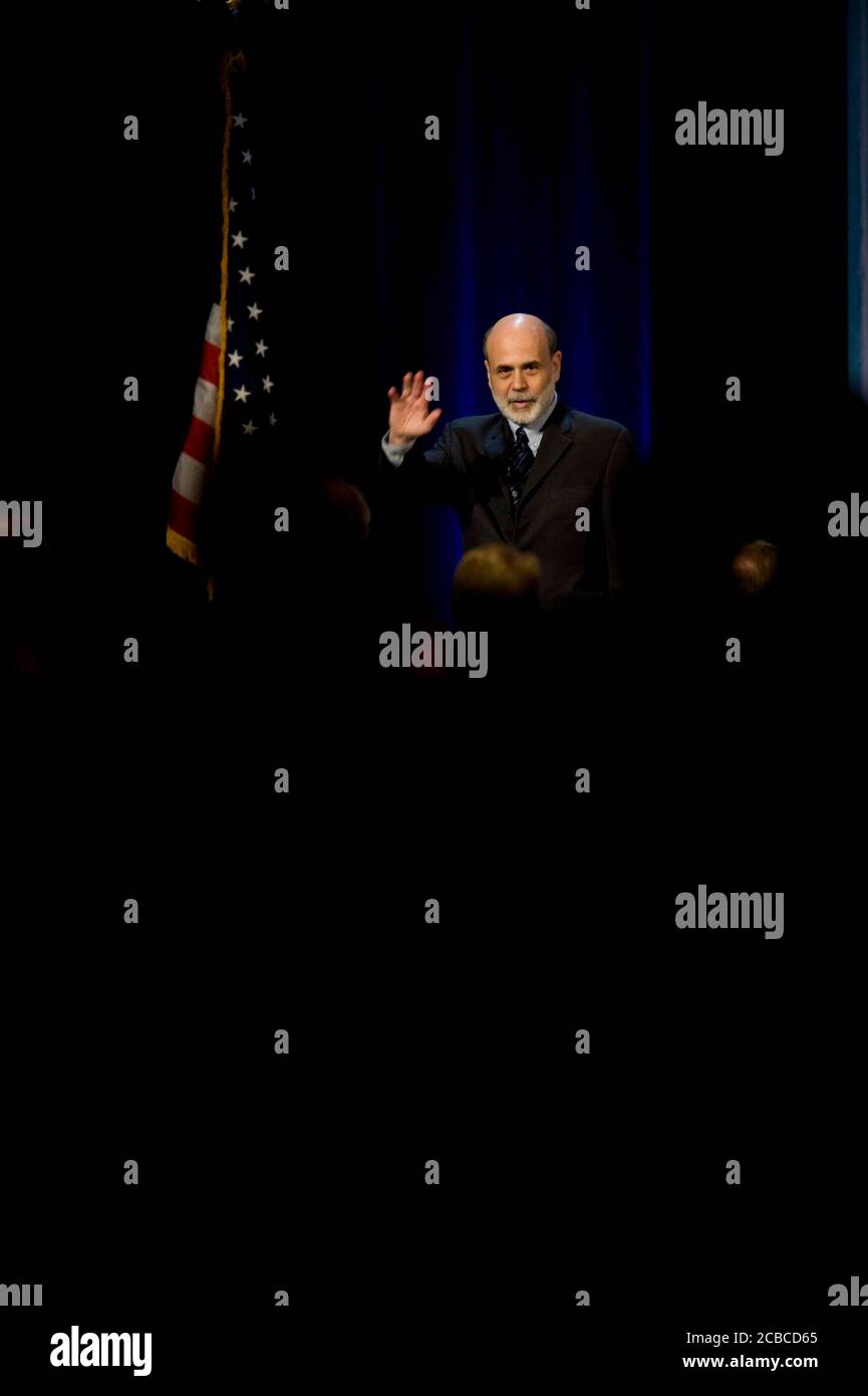 Austin, Texas USA, December 1, 2008: U.S. Federal Reserve chairman Ben Bernanke speaks before 1,800 businesspeople at an Austin Chamber of Commerce event, telling the crowd that the global financial crisis will extend well into 2009 before official measures will have a positive effect on the economy. ©Bob Daemmrich Stock Photo