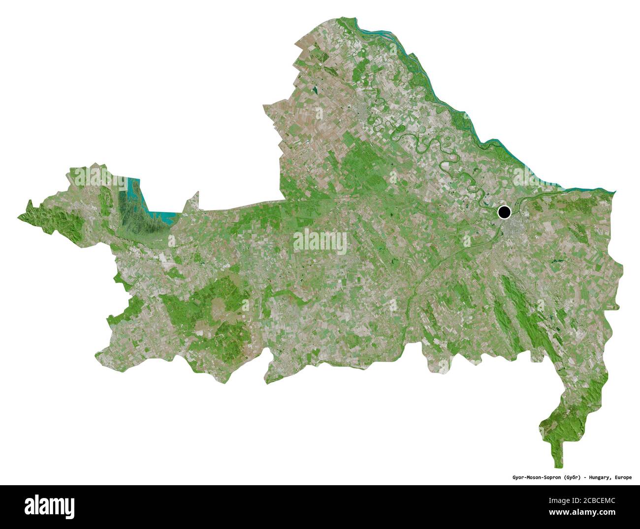 Shape of Gyor-Moson-Sopron, county of Hungary, with its capital isolated on white background. Satellite imagery. 3D rendering Stock Photo