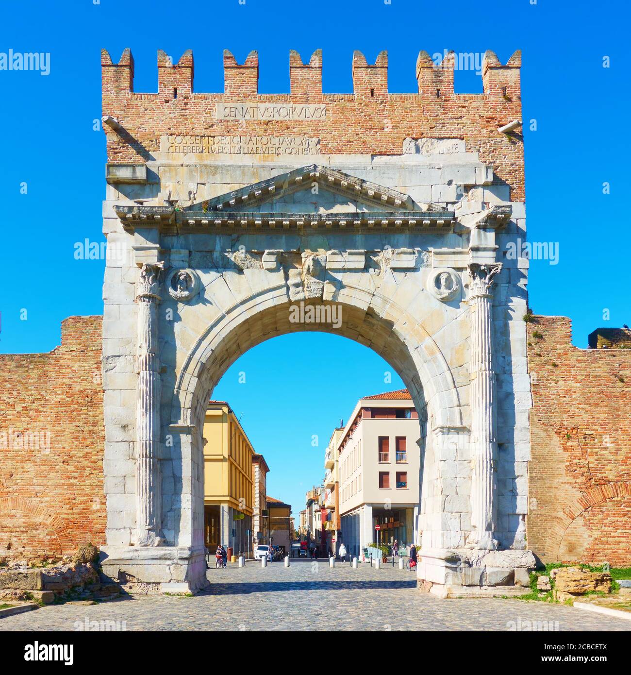 Arch of Augustus. Gate in the old town of Rimini, Italy. Italian landmark Stock Photo