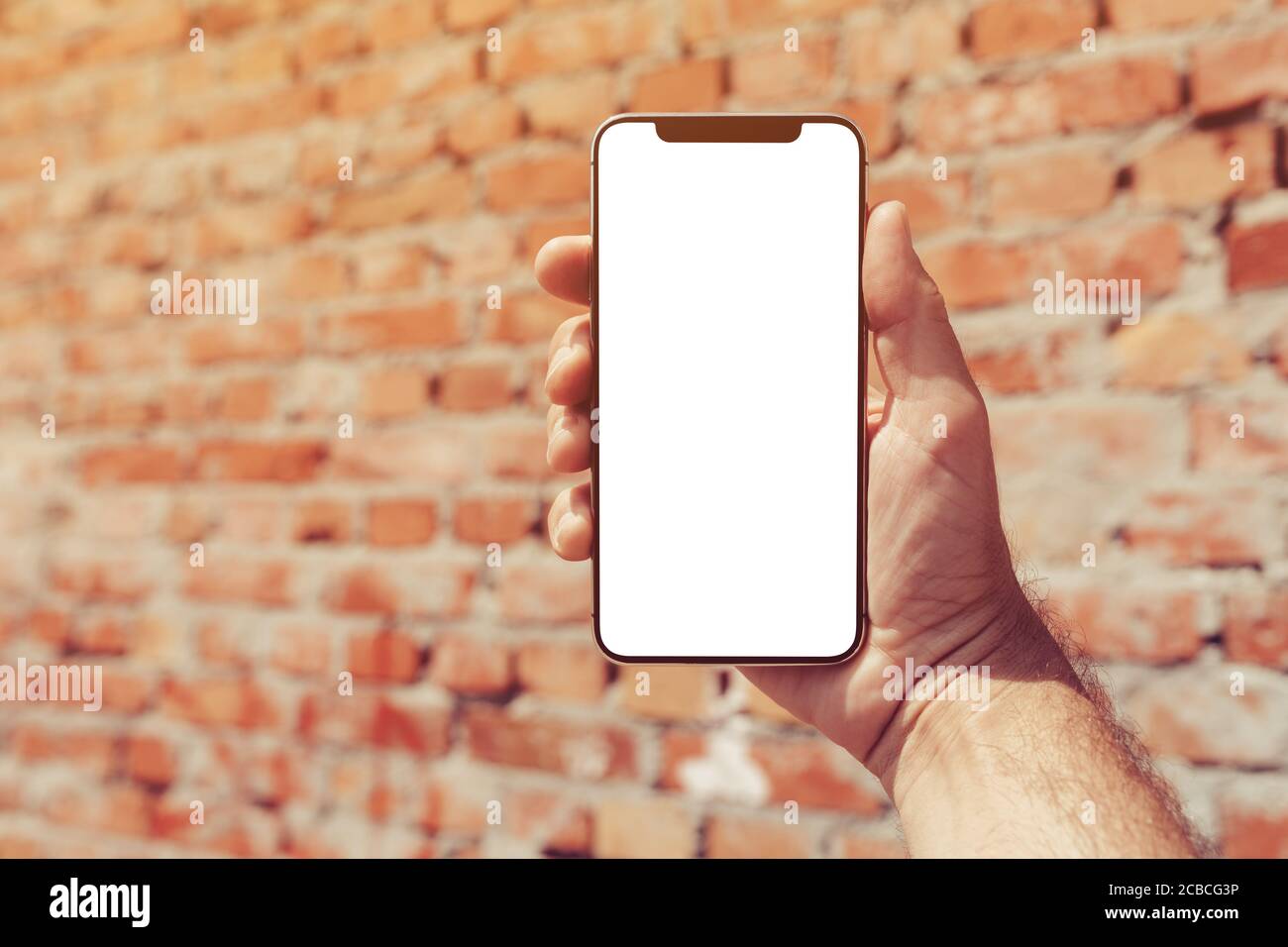 Mockup of smartphone screen on the street in urban surrounding, man holding modern smart phone with blank display as copy space Stock Photo