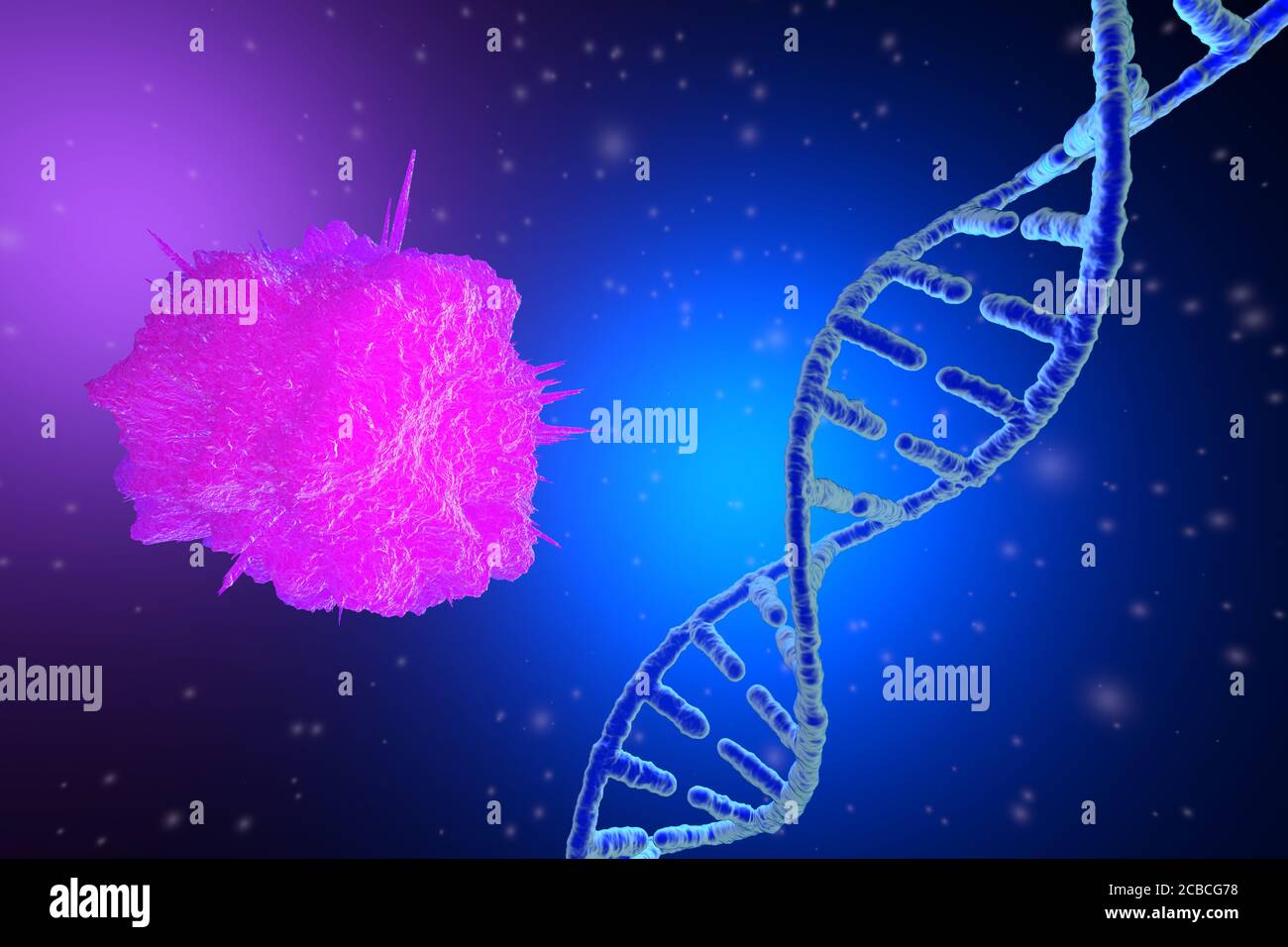 3D Illustration of a mutating stem cell with a DNA strand which defines its identity. Stock Photo