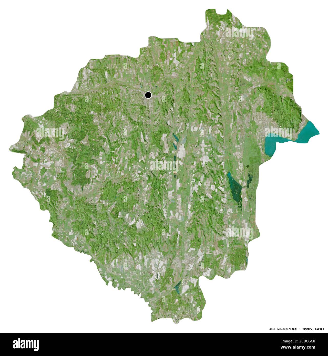 Shape of Zala, county of Hungary, with its capital isolated on white background. Satellite imagery. 3D rendering Stock Photo