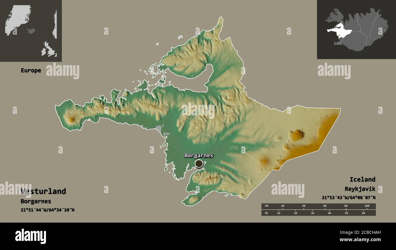 Shape of Vesturland, region of Iceland, and its capital. Distance scale ...