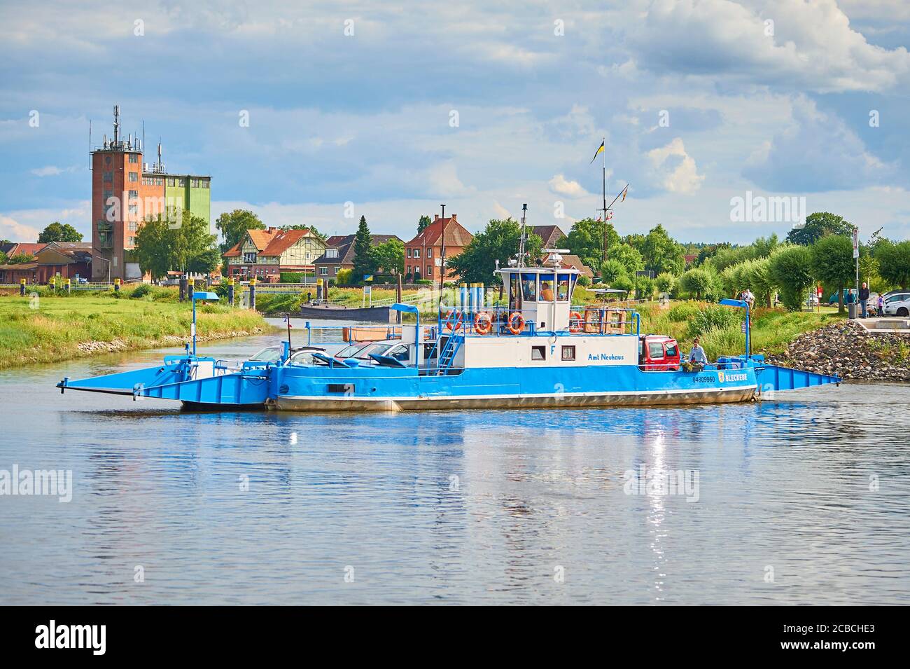 The ferry 'Amt Neuhaus' links the townships of Bleckede and Neu Bleckede at river Elbe Stock Photo
