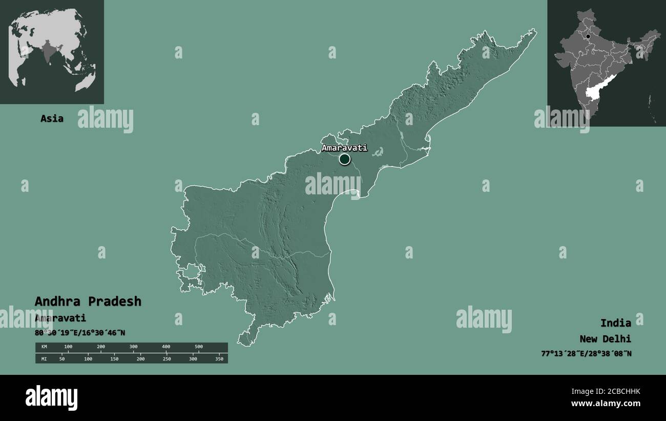 Shape of Andhra Pradesh, state of India, and its capital. Distance