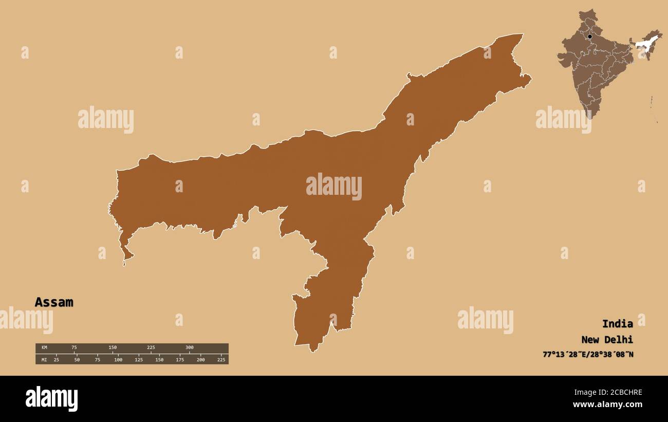 Shape of Assam, state of India, with its capital isolated on solid ...