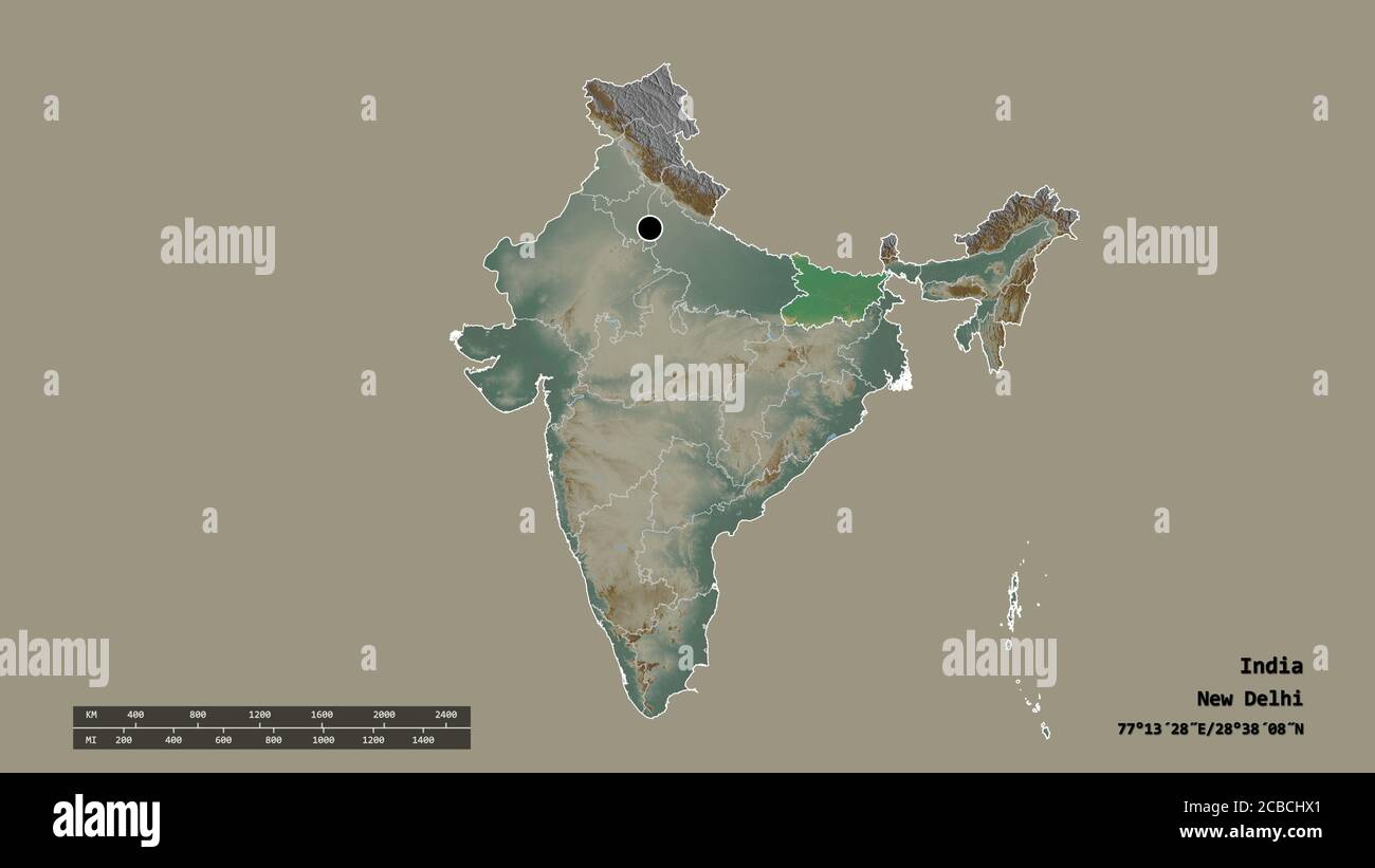 Delhi To Bihar Map Desaturated Shape Of India With Its Capital, Main Regional Division And The  Separated Bihar Area. Labels. Topographic Relief Map. 3D Rendering Stock  Photo - Alamy