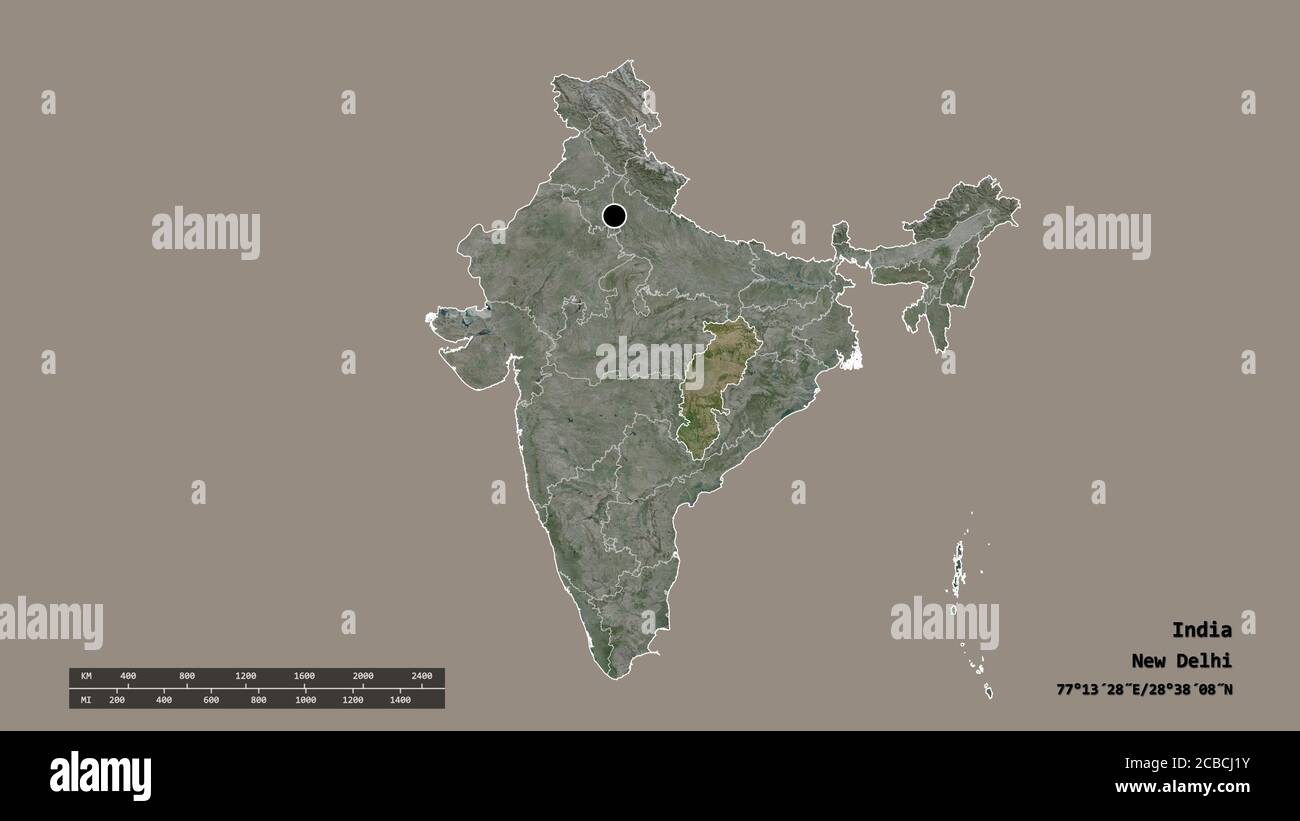 Desaturated shape of India with its capital, main regional division and ...