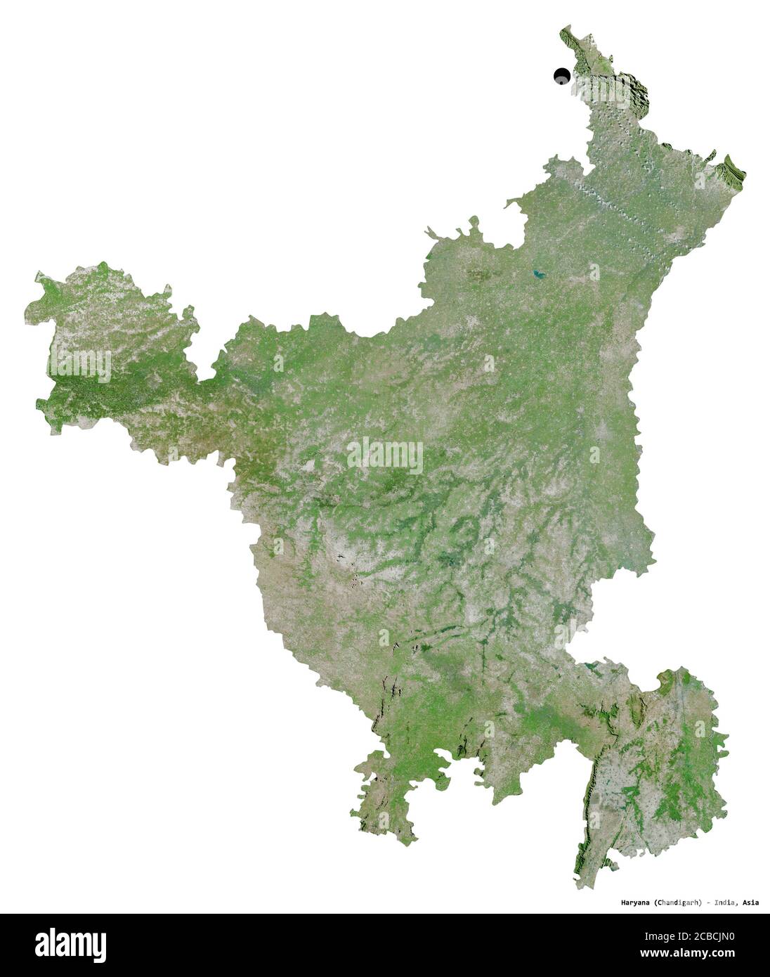 Shape of Haryana, state of India, with its capital isolated on white background. Satellite imagery. 3D rendering Stock Photo