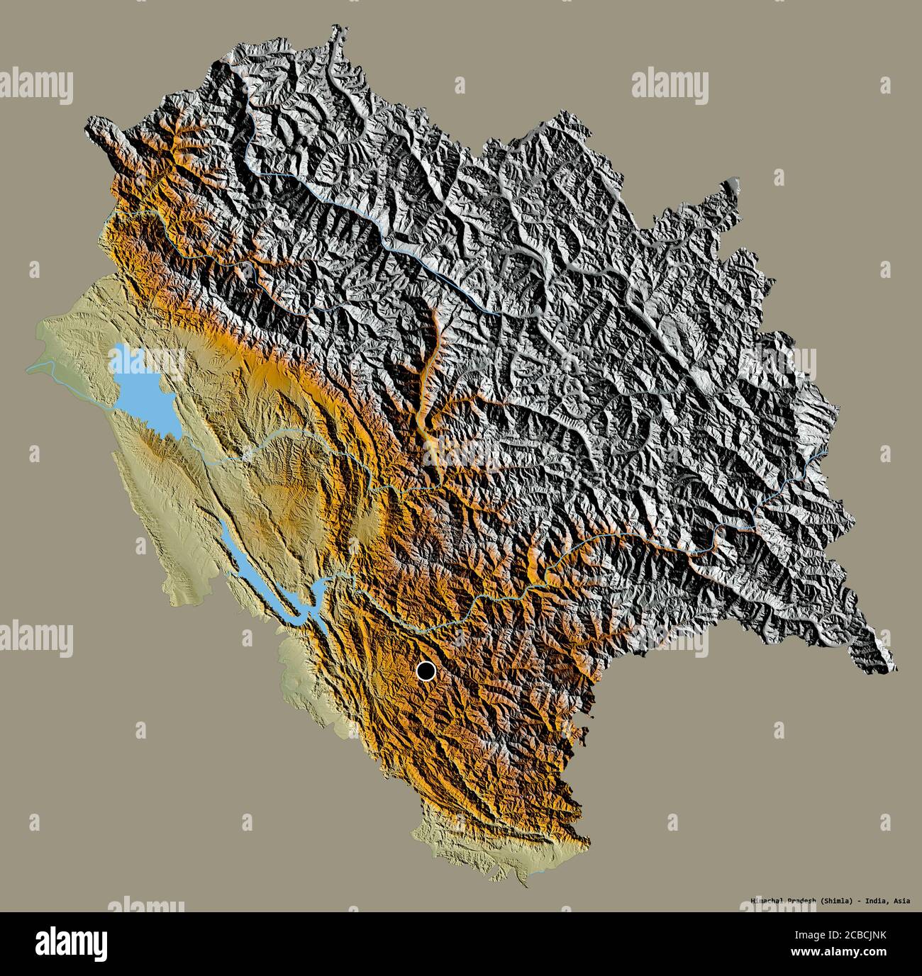 Shape of Himachal Pradesh, union territory of India, with its capital isolated on a solid color background. Topographic relief map. 3D rendering Stock Photo