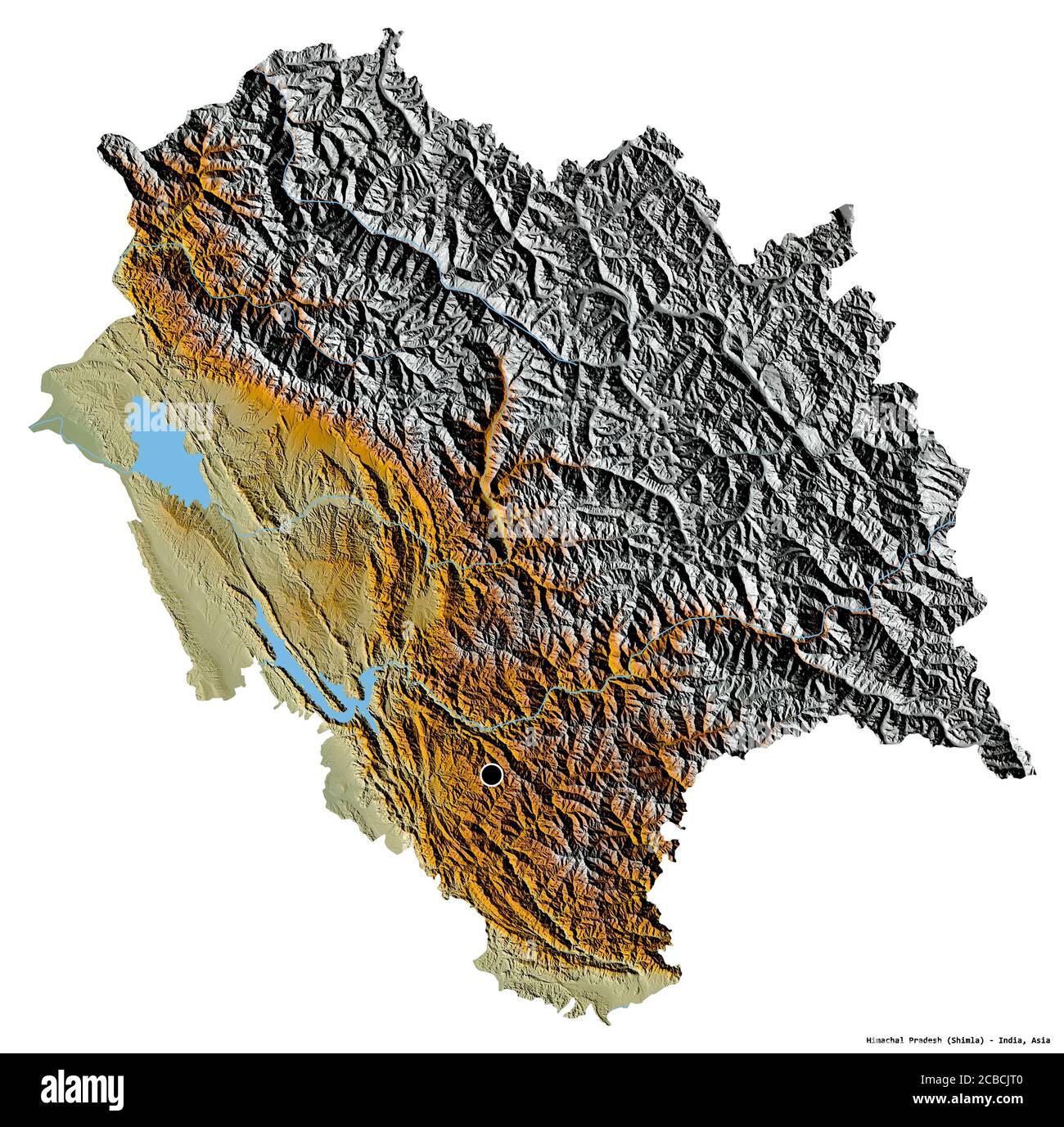 Shape of Himachal Pradesh, union territory of India, with its capital isolated on white background. Topographic relief map. 3D rendering Stock Photo
