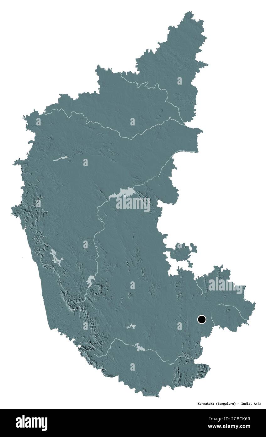 Shape of Karnataka, state of India, with its capital isolated on white background. Colored elevation map. 3D rendering Stock Photo